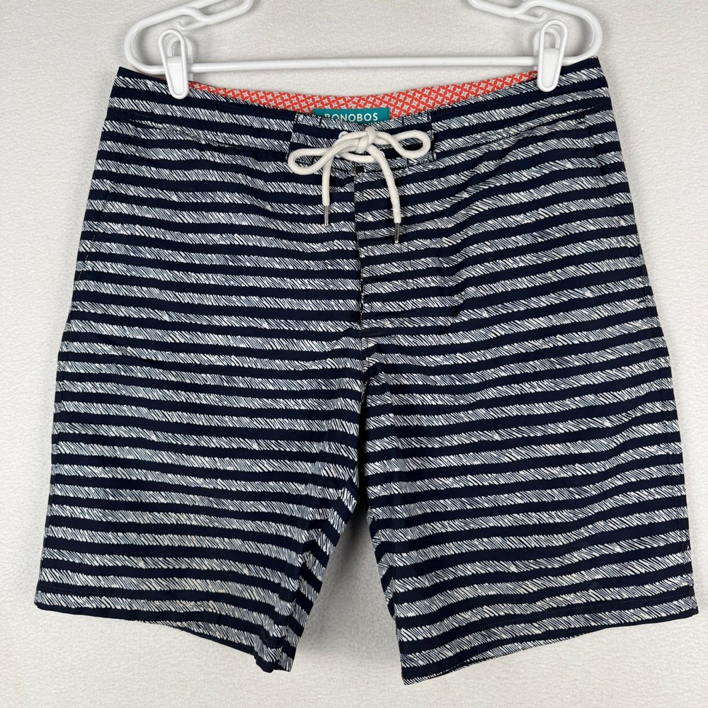 Bonobos Mens 32 Navy Blue Striped Swim Trunks Board Shorts Mesh Lined 9 Inseam